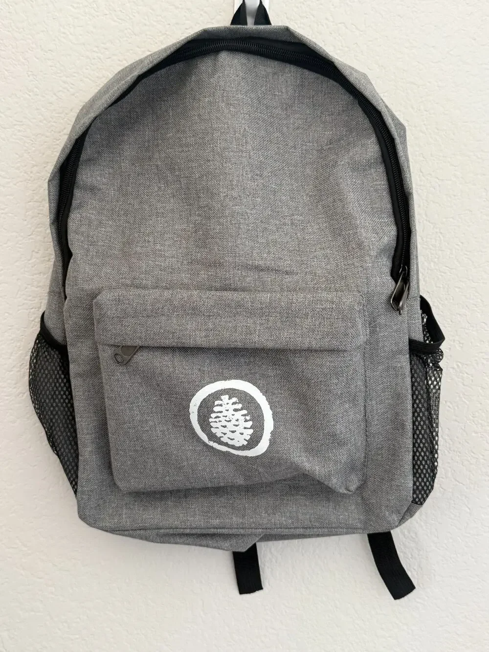 Gray Backpack Pine Cone Logo School Travel Laptop Book Bag Daypack Camp
